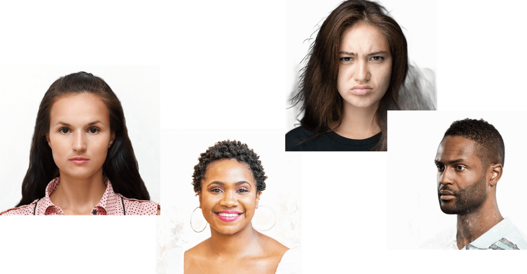 Examples of acceptable and unacceptable facial expressions for passport photos, showing neutral expressions (acceptable) versus smiling, frowning, or looking away (unacceptable)