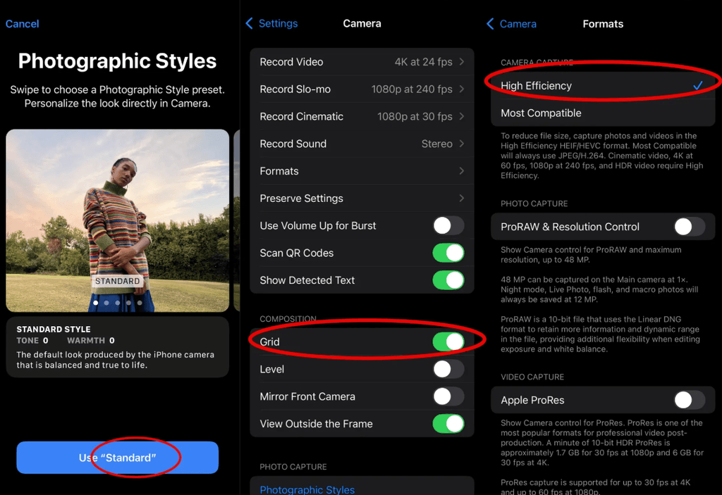 iPhone camera settings interface showing recommended settings for passport photos, with annotations pointing to key settings