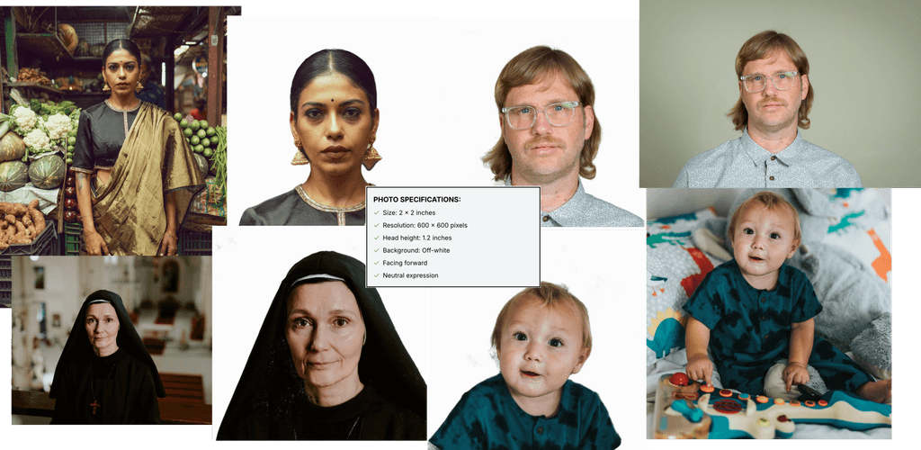 Examples of compliant passport photos for special cases, including an infant photo, a person with medical eyewear, and a person wearing religious head covering